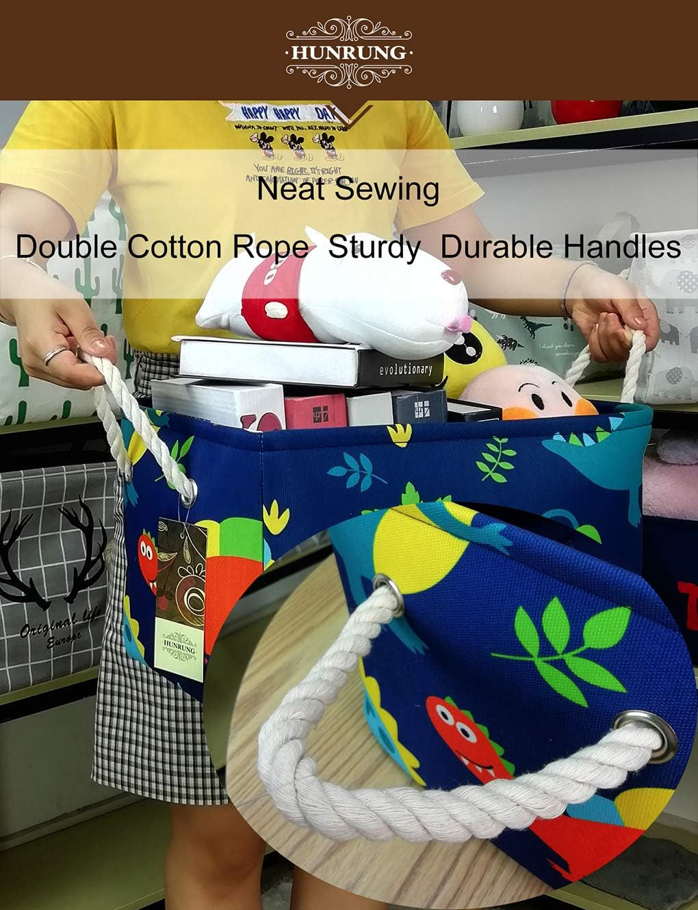 Rectangle Storage Basket Cute Canvas Organizer Bin for Pet/Children Toys, Books, Clothes Perfect for Rooms/Playroom(Rec-Thick-Blue Forest Dinosaur XL)