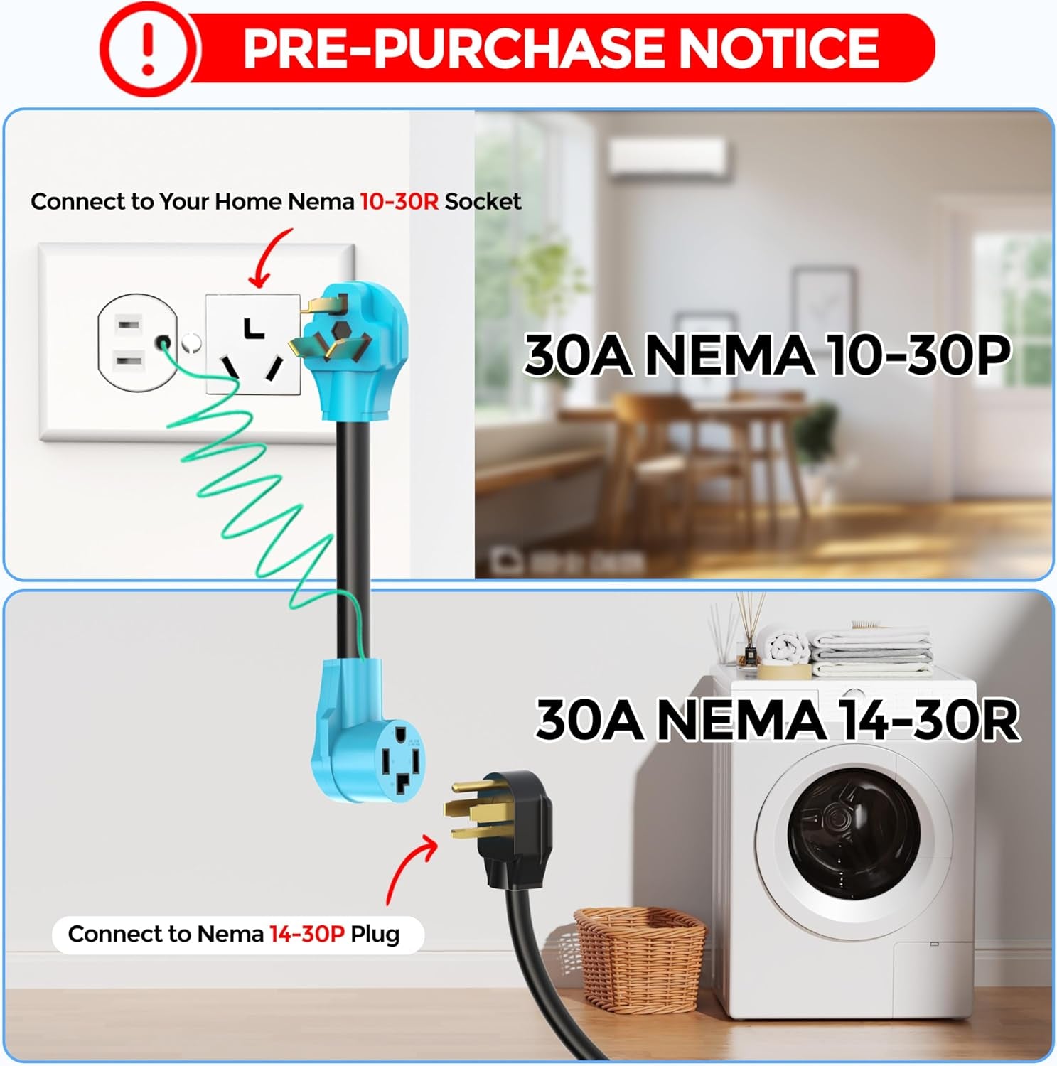 Dryer Adapter 4 Prong to 3 Prong, 4P Newer Dryer to 3P Older House, Dryer Convert Cord NEMA 10-30P Plug to 14-30R Receptacle, 220V 30 Amp 10 AWG STW Blue with Safety Ground Wire, ETL Listed