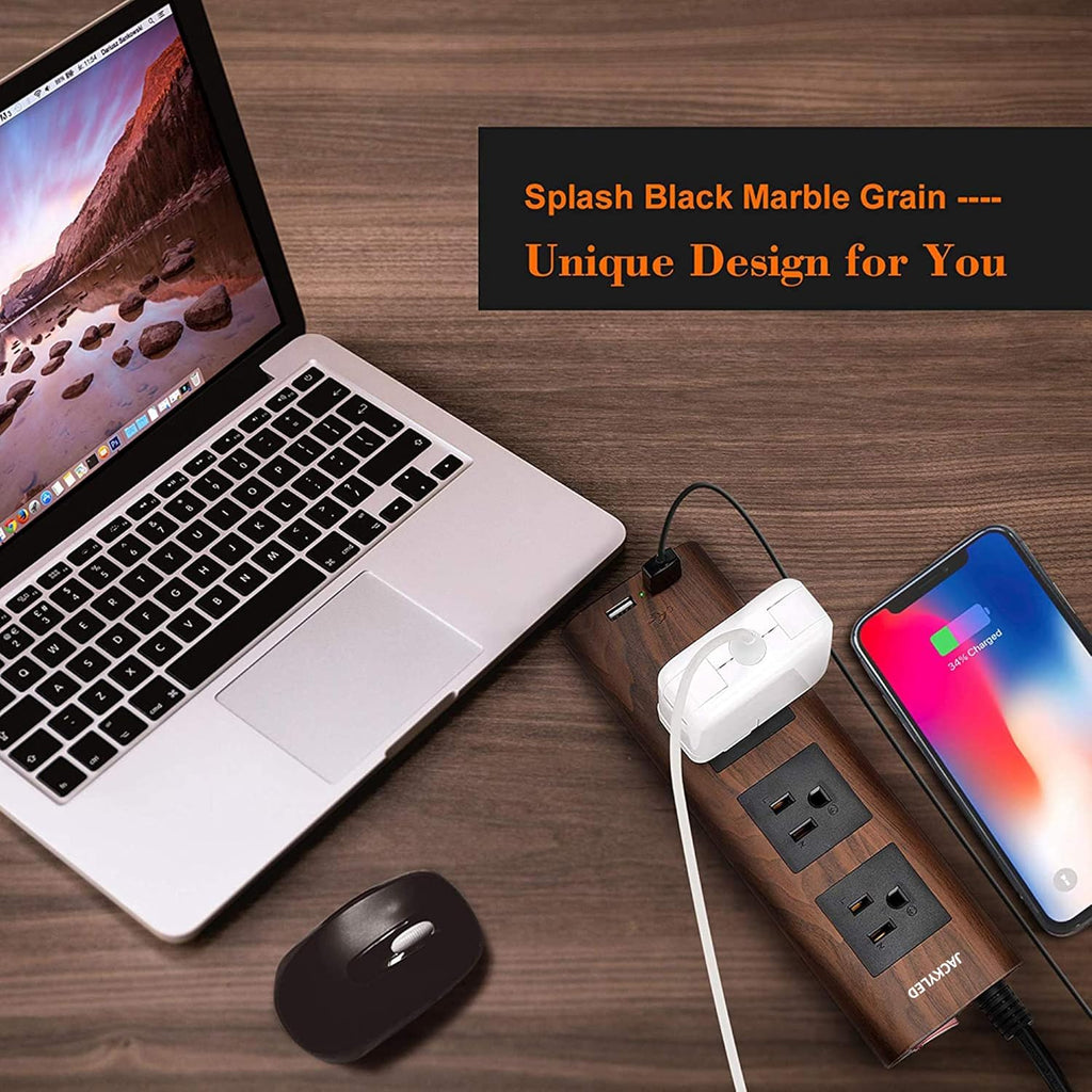 10Ft Extension Cord with USB Ports,  Flat Plug Brown Power Strip Surge Protector 3 Widely Spaced Outlets, Electrical Outlet Extender, Desktop Charging Station, Walnut Wood Grain