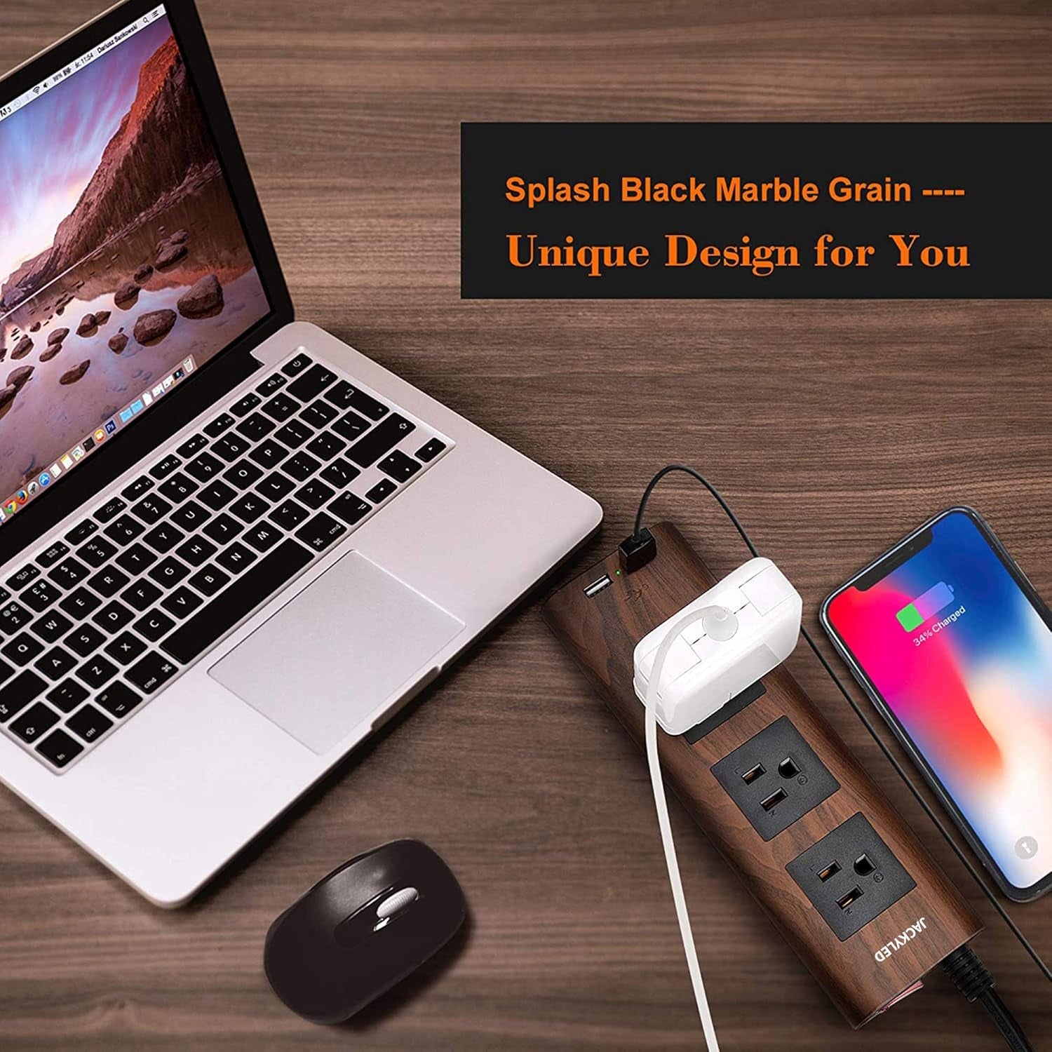 10Ft Extension Cord with USB Ports,  Flat Plug Brown Power Strip Surge Protector 3 Widely Spaced Outlets, Electrical Outlet Extender, Desktop Charging Station, Walnut Wood Grain