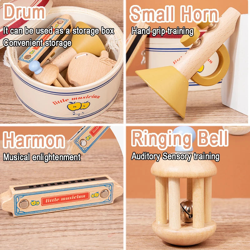 Kids Wooden Music Instruments Set Toys Montessori Sensory Toys Sand Drum Hammer Instrument Percussion Preschool Educational Toys