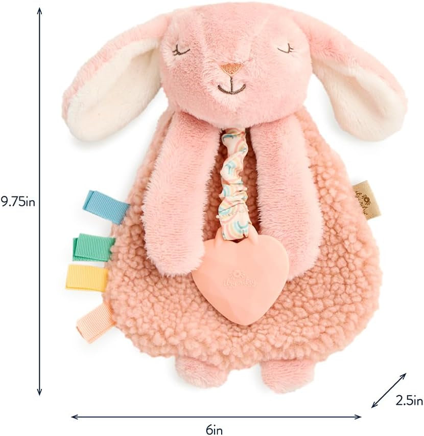 - Itzy Lovey Including Teether - Baby Lovey with Teether, Textured Ribbons & Dangle Arms - Features Crinkle Sound, Sherpa Fabric and Minky Plush (Pink Bunny)