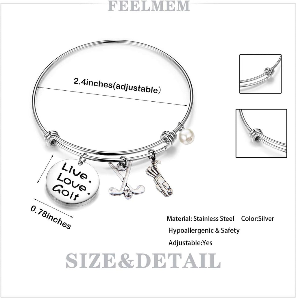 Golf Bracelet Live Love Golf Expandable Charm Bracelet Golf Jewelry Gift for Golf Lover/Golf Club/Golf Team（Silver）
