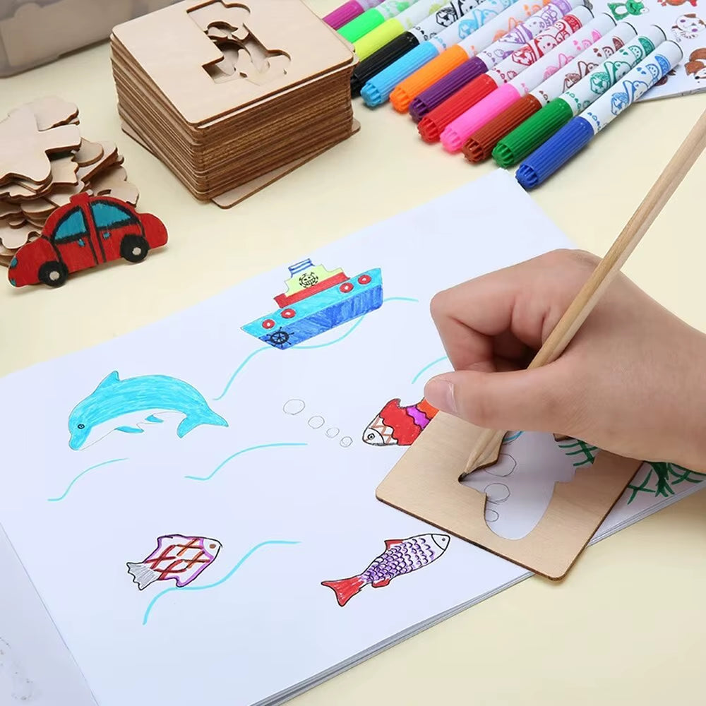 20Pcs Montessori Kids Toys Drawing Toys Wooden DIY Painting Template Stencils Learning Educational Toys for Children Gift