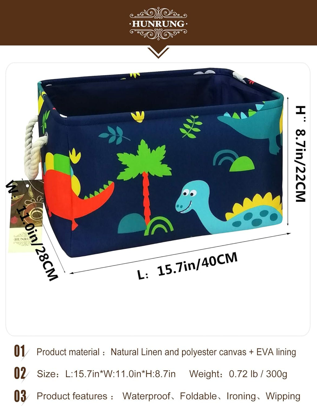 Rectangle Storage Basket Cute Canvas Organizer Bin for Pet/Children Toys, Books, Clothes Perfect for Rooms/Playroom(Rec-Thick-Blue Forest Dinosaur XL)