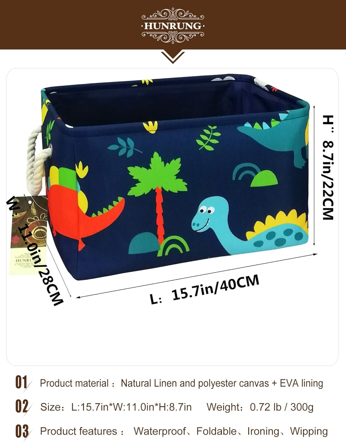 Rectangle Storage Basket Cute Canvas Organizer Bin for Pet/Children Toys, Books, Clothes Perfect for Rooms/Playroom(Rec-Thick-Blue Forest Dinosaur XL)