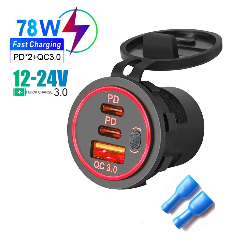 78W Dual PD QC3.0 Car Charger Socket Accessory Waterproof Quick Charge 3.0 Socket Power Outlet for 12V/24V Motorcycle Truck Boat
