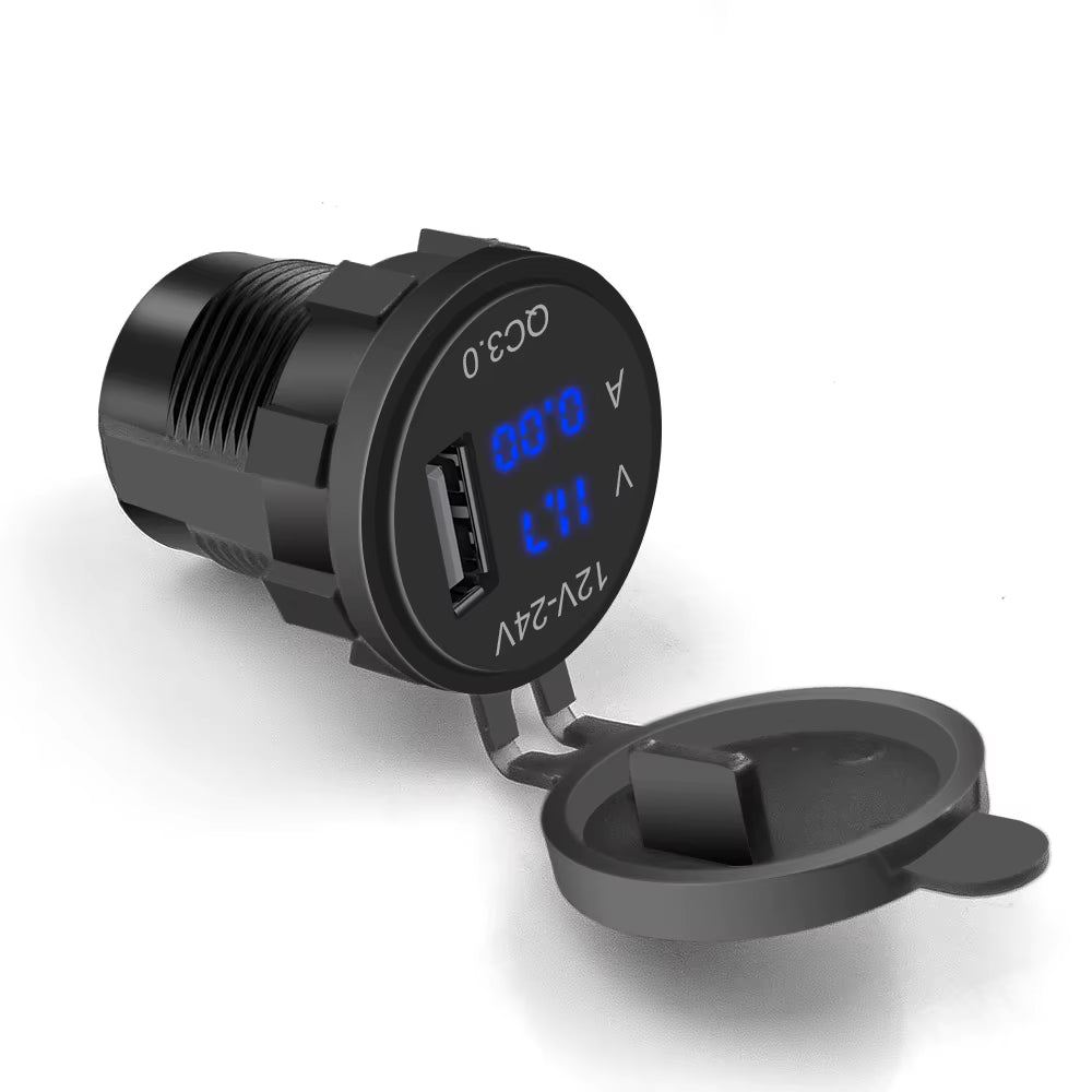 QC3.0 Car Charger Socket with Voltmeter Ammeter 12V/24V Waterproof Quick Charge Power Outlet Socket for Motorcycle Marine Boat