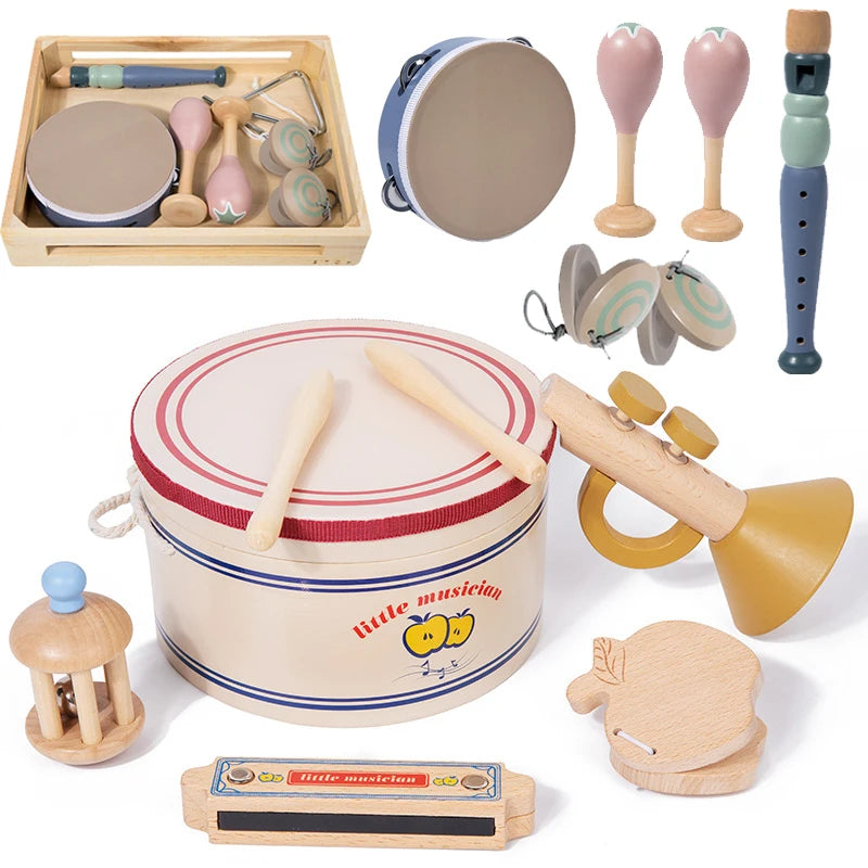 Kids Wooden Music Instruments Set Toys Montessori Sensory Toys Sand Drum Hammer Instrument Percussion Preschool Educational Toys