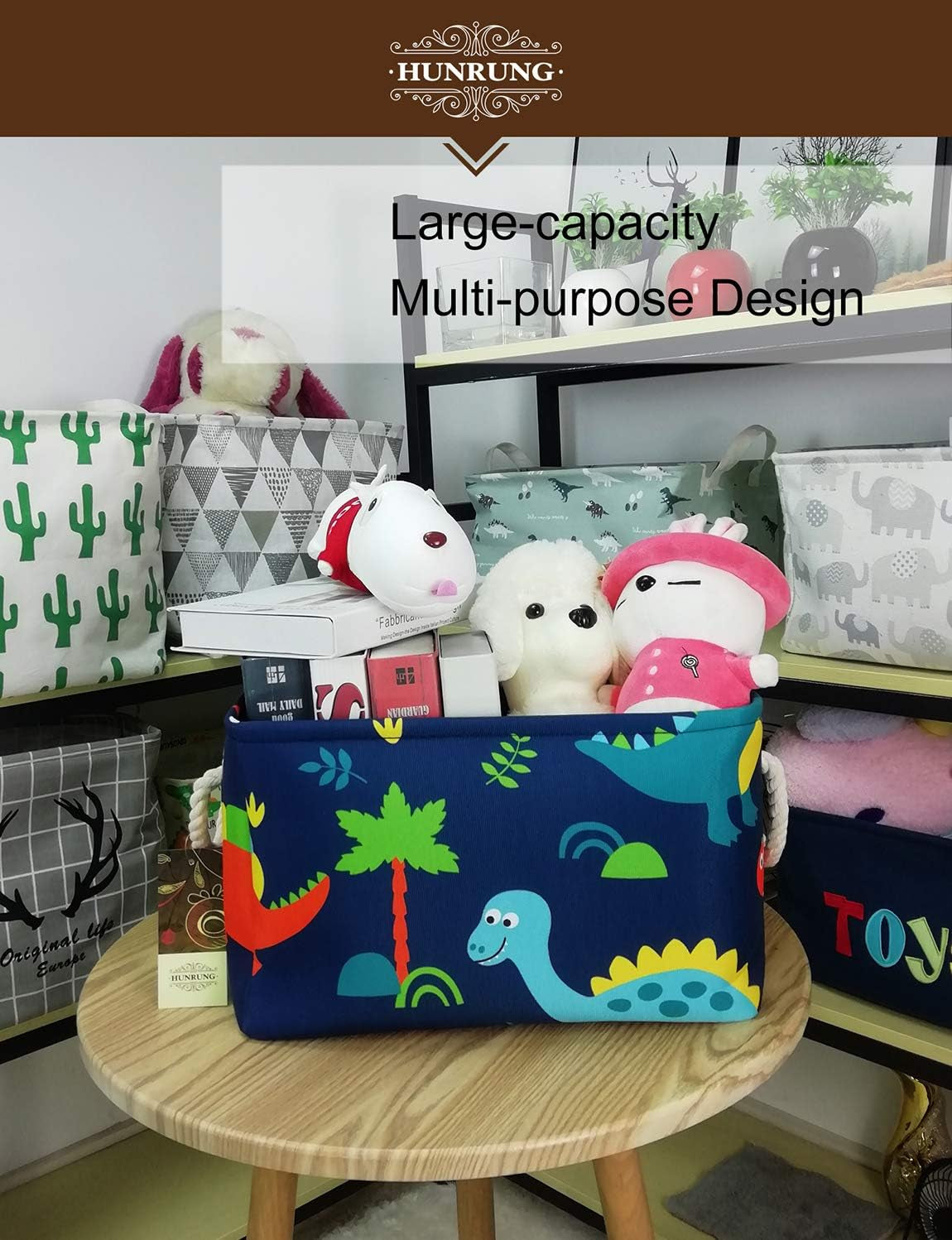 Rectangle Storage Basket Cute Canvas Organizer Bin for Pet/Children Toys, Books, Clothes Perfect for Rooms/Playroom(Rec-Thick-Blue Forest Dinosaur XL)
