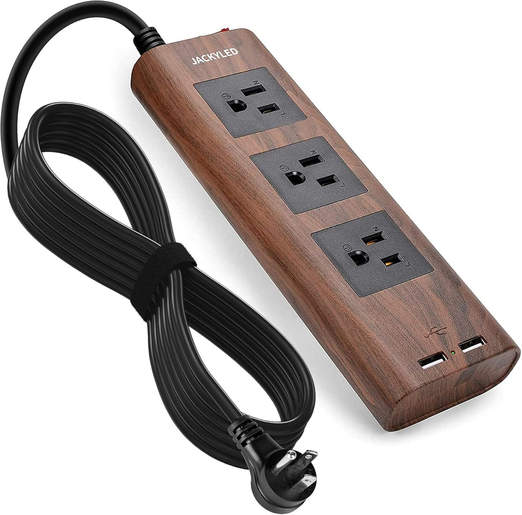 10Ft Extension Cord with USB Ports,  Flat Plug Brown Power Strip Surge Protector 3 Widely Spaced Outlets, Electrical Outlet Extender, Desktop Charging Station, Walnut Wood Grain