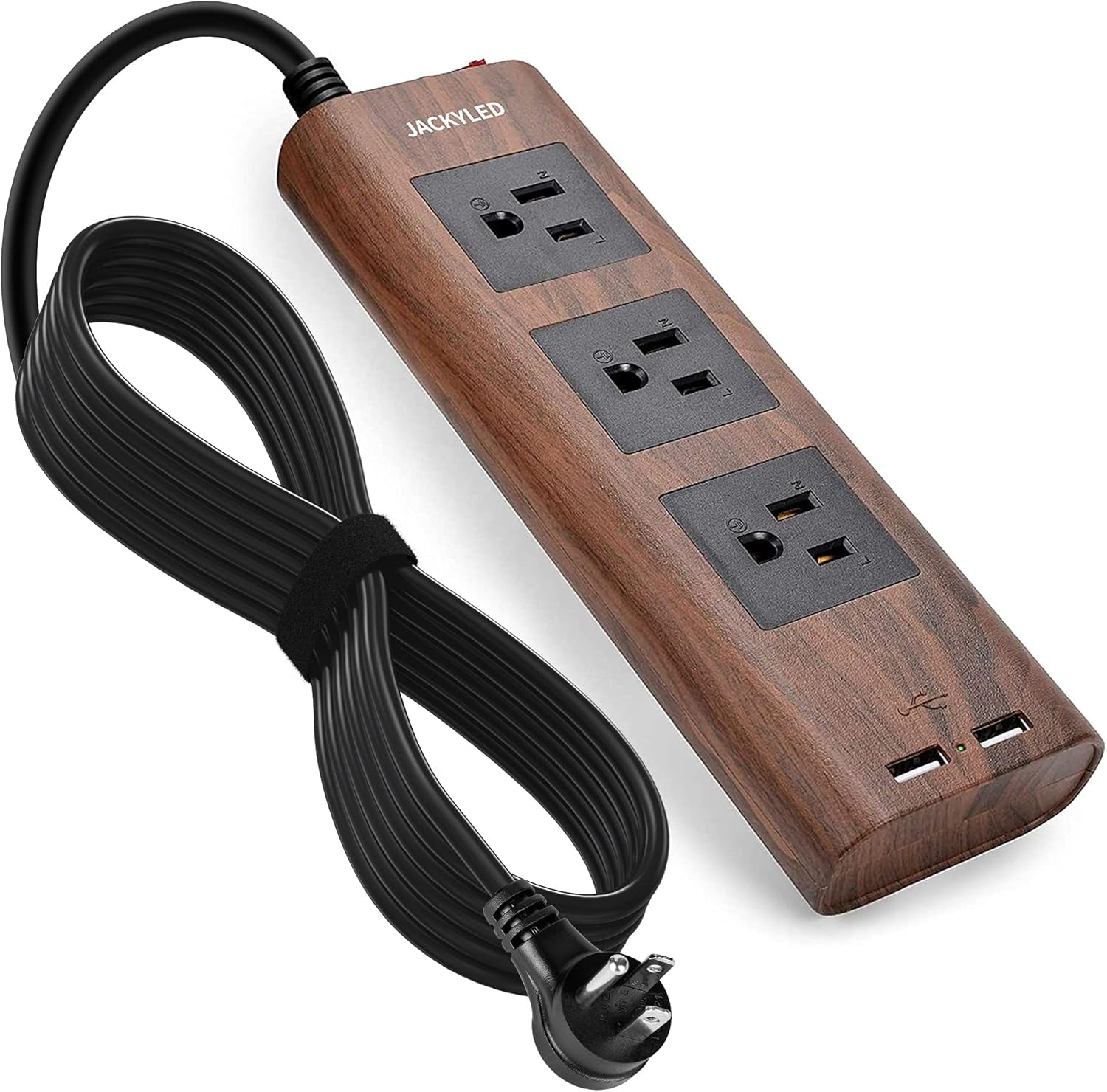 10Ft Extension Cord with USB Ports,  Flat Plug Brown Power Strip Surge Protector 3 Widely Spaced Outlets, Electrical Outlet Extender, Desktop Charging Station, Walnut Wood Grain